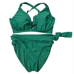 Birdsong Tie Front Bikini Top 36DDD Sash Fold-Over Bikini Bottom M Emerald Green